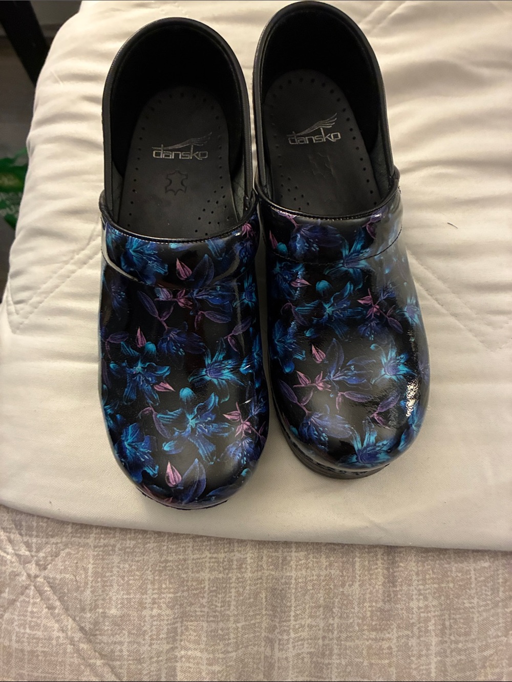 Dansko Black Patent Clog with Blue and Purple Floral Print